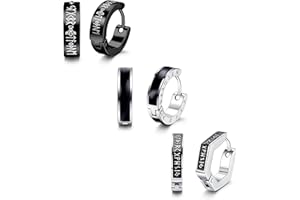 Adramata 3 Paia Orecchini a Cerchio in Acciaio Inossidabile Rune Vichinghe Rune Celtiche Orecchini, Orecchini Cerchio Argento Nero per Uomini Donne Ipoallergenico, Diametro Interno 9mm
