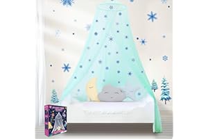 South To East Dosel de Cama con Luces de Estrellas para Niñas, Mosquitera para Cama Doble y Completa, 100% Poliéster, Dosel Ideal para Cuna de Bebé, Cama de Niño y Colchón, Cian con Copos de Nieve