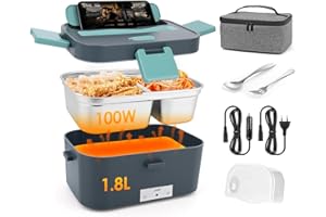 Dreamhigh® 100W Scaldavivande Elettrico Portatile 1.8L, Porta Pranzo Riscaldabile con Borsa, Forchetta e Cucchiaio, 12V/24V/220V Lunch Box Elettrico, Porta Pranzo da Ufficio e Auto