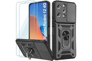 Yohii Funda para Xiaomi Redmi 12 4G / Redmi 12 5G 6.79" Carcasa, 2 Pack Cristal Templado, Protección Cámara Carcasa con 360 Anillo Soporte PC y Silicona TPU Case - Negro