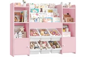 FOREHILL Scaffale Portagiochi Bambini, Organizer Giochi Bambini con 6 Scatole Portaoggetti Rimovibili, Libreria per Bambini, Libreria Aperta in Legno per Sala Giochi, Soggiorno, 119x29.5x94cm (Rosa)