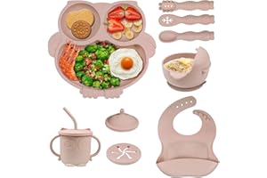 Hovineumoo 9 Stücke Silikon Geschirr-Sets für Kinder, Kindergeschirr Set mit Saugnapf, Kinderteller Schüssel Lätzchen Tasse Löffel, Rutschfest Abwaschbar Baby Geschirrset, Silikon Babygeschirr (Beige)