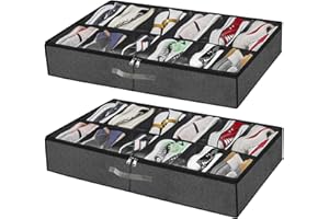MUXHEL Under Bed Shoe Storage Organiser Set of 2, Shoe Storage Under Bed Storage Bag with Lid & Handles, Fits Total 24 Pairs Foldable Underbed Shoe storage Box with Zip for Shoes