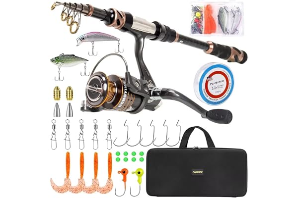 PLUSINNO Fiskespö och rulle i paket, teleskopiskt fiskespö av kolfiber och spinnrulle 12 + 1 skärmade kullager i rostfritt stål BB