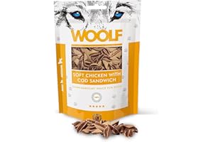 Woolf Snacks, pequeños Sandwich de Pollo y Bacalao para Perro 100g. Chuches, premios Naturales para Perro