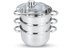 AKH HOUSEWARE 2 in 1 Stainless Steel Food Steamer Cooking Pots and Pans with Lid & Steam Vent 20cm 3 Tier Cookware Set 2.1 Litres All Hob Types Including Induction (Stainless Steel, 20CM)