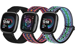 SHIJZWD 3 Packs Elastic Watch Strap Compatible with Fitbit Versa 4/Versa 3/Fitbit Sense 2/Fitbit Sense, Soft Breathable Nylon Sports Loop Band Stretchy Adjustable Replacement Wristband for Women Men