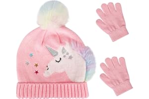 QKURT Kids Knitted Hat Gloves Set, Winter Warm Beanie Gloves Thermal Lined Hat Mittens Set Unicorn Pattern for 3~5 Years Old Kids Children Girls, Winter Accessories