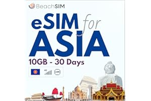 BeachSIM eSIM Asia 30 giorni. 10 GB di Dati Solo a Velocità 4G/5G. Roaming Gratuito in 9+ Paesi in Asia. Attivazione Rapida. Facile da Ricaricare. Funziona Su dispositivi iOS e Android