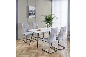 Hallowood Furniture Cullompton Dining Table and Chairs Set 4, White Marble Effect Top Small Rectangular Kitchen Table and Chairs in High Back, Grey Fabric Upholstery and Metal Legs for Home & Café