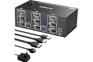 YOUTINGHDAV Przełącznik USB 3.0 KVM 2 PC 3 monitory 8K 60 Hz 4K 144 Hz, Triple Monitor KVM Switch 2 Displayport + HDMI do 2 PC części, mysz, klawiatura, z przewodowym pilotem
