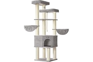 Feandrea Grand Arbre à Chat, Tour de Jeux pour Chat à Plusieurs Niveaux, XXL, 55 x 55 x 186,7 cm, Poteaux en Sisal de 11 cm de Diamètre, Les Maine Coons, Gris Tourterelle et Blanc Crème PCT008G01
