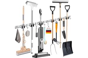 IMAICEPT 2 Pièces Accroche Balai Mural Acier Inoxydable, Porte Balais Mural 6 Supports et 8 Crochets, Support Balais Mural Sans Percage, Accroche Balai pour Cuisine, Salle de Bain, Garage, Jardin(Argenté)