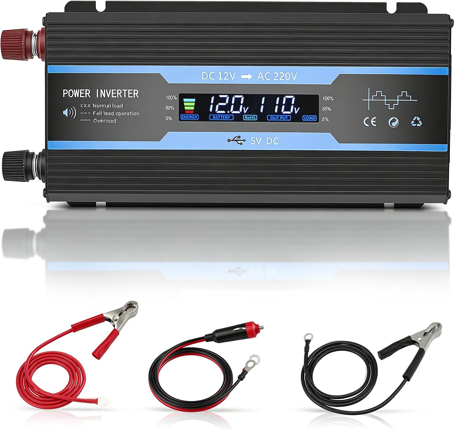 2000W Power Inverter 12V to 240V with LCD Display, 2 UK Sockets & USB Port, Modified Sine Wave Car Inverter for Camping, RV, Truck, Home Use – High Efficiency >95%, Safety Protections (Blue)