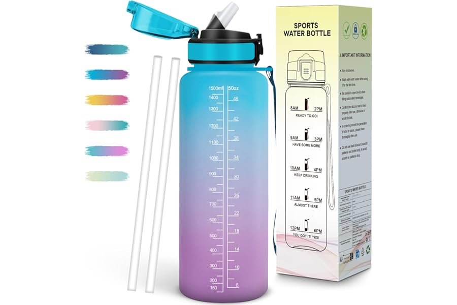 Mulbijeo 1.5 Litre Water Bottle Leak Proof & Portable Drinking Bottle with Straw Reusable Motivational Water Bottles for School, Gym, Camping, Cycling, Yoga