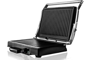 BEHOME Elektrische Grillpfanne mit doppelter Grillplatte aus Gusseisen, antihaftbeschichtet, 1800 Watt, Elektrogrill mit einstellbarer Temperatur und Fettauffangschale