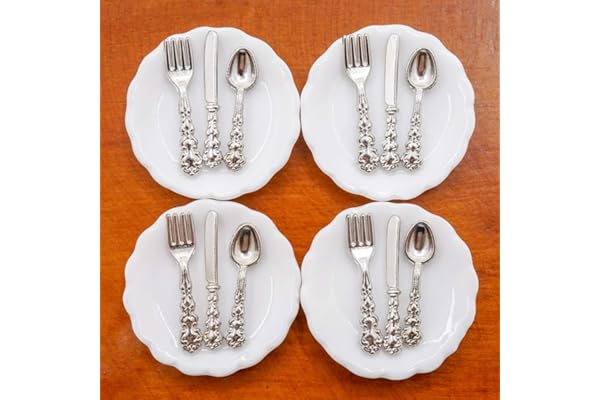 Odoria Miniature 1/12 Assiettes 4Pcs et Couverts 12Pcs Accessoire Maison de Poupée, Argent