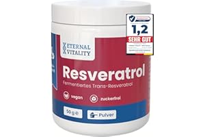 ‎ETERNAL VITALITY Eternal Vitality Trans Resveratrol Pulver 50g | Premium Qualität | 98,7% zertifizierte Reinheit | Für 100 Portionen a 500mg - Dosierlöffel enthalten | Kosteneffizient | Kraft der Natur