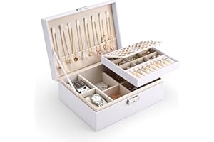 Yordawn Boîte à Bijoux Femme Filles 2 Couches Boite Rangement Bijoux pour Voyage Verrouillable Organisateur Bijoux en Cuir PU Imperméable pour Bagues Boucles Colliers Montres, Blanc