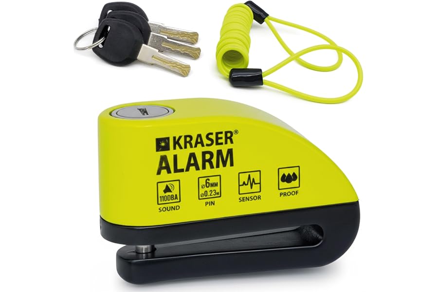 KRASER WA6Y Candado Moto con Alarma 110dB, Antirrobo Disco Reforzado, 3 Llaves (Otros 2) Alta Seguridad, Impermeable, Accesor