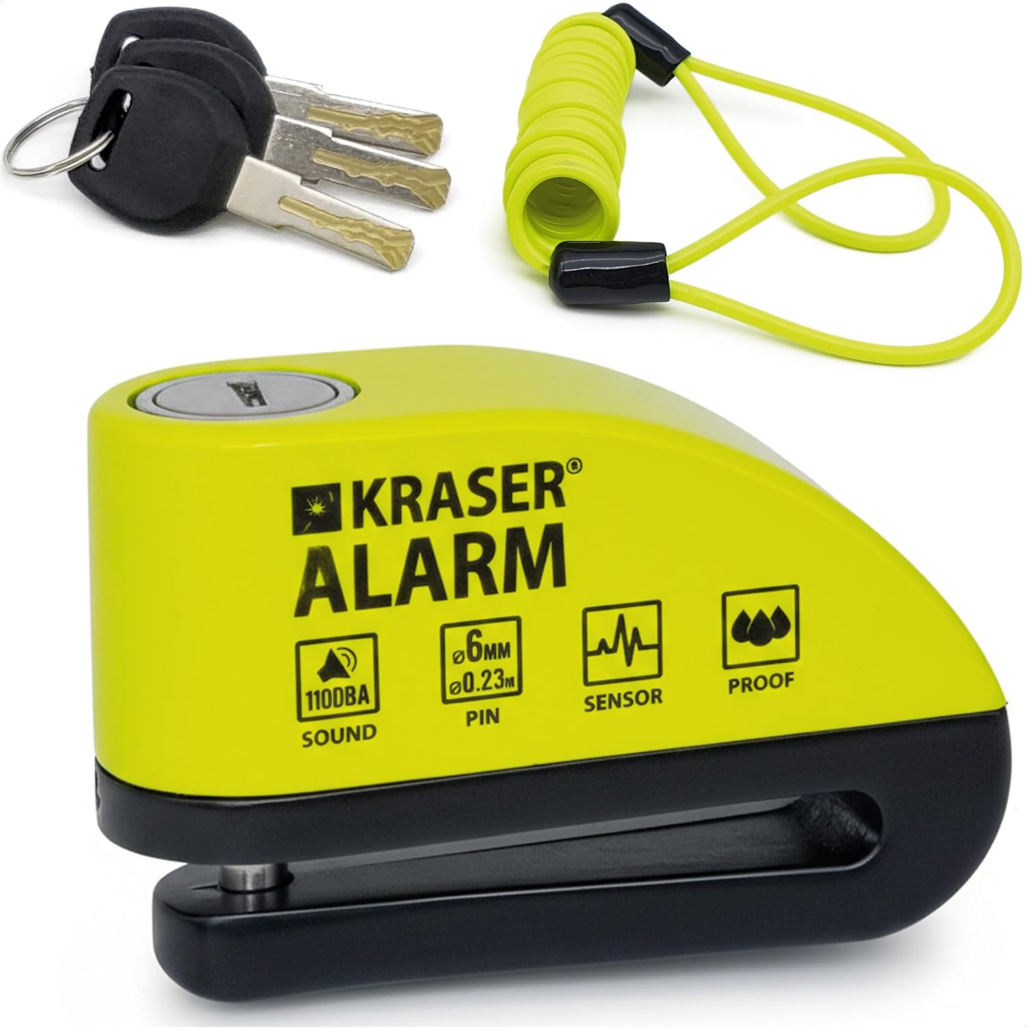 KRASER WA6Y Motor fietsslot voor motorfietsen, alarm, 110 db, waterdicht, versterkt schijfblok, remschijf, universeel voor motorfietsen, scooters, elektrische fietsen, herinneringskabel 1,5 m, 3