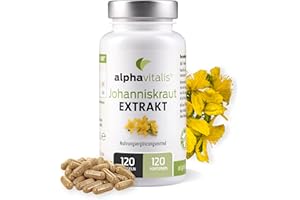 ‎ALPHAVITALIS Johanniskraut Kapseln optimal dosiert mit natürlichem Hypericin - 120 Stk. - veganer Extrakt mit Vitamin B6 & B12 - St. John’s Wort Extract aus Hypericum perforatum L.