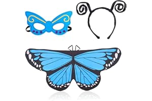 Beelittle Butterfly Wings Costume 3 Pieces Fancy Dress-Up Set Butterfly Wings Cape Schal mit Antennen-Stirnband und Maske für Mädchen (Blau)