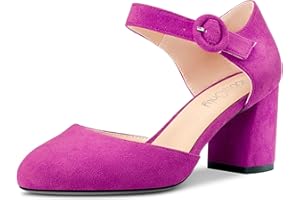 NobleOnly Mujer Chunky Ancho Medio Heel Two-Piece Cierre con Hebilla Redonda Punta Pumps Clear Cute de Boda Oficina Zapatos 6.5 CM Heels