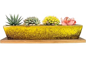 ARTKETTY Ceramiczne doniczki na sukulenty, nowoczesne długie prostokątne pojemniki na rośliny z tacą, płytkie kaktusy bonsai skrzynka okienna z drenażem, do dekoracji wnętrz i na zewnątrz, żółte