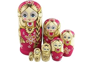 Winterworm Ensemble 7 Pcs Longues Tresses Fille Rose Matryoshka Poupées Babushka Poupée Traditionnelle Russe Nidification Poupées en Bois Empilable Jouet Enfants Cadeau
