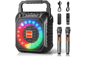 HUABAO Karaoke Machine with 2 Wireless Microphones, Portable Microphone Speakers for Adults and Kids, PA System with LED Lights, Supports USB/AUX/FM/TF Card, for Party/Meeting
