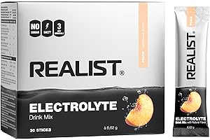 REALIST Elektrolity bez cukru – elektrolit w proszku ze 1000 mg sodu, 330 mg potasu i 60 mg magnezu dla równowagi elektrolitowej – szybkie nawilżenie – sport, KETO, post (30 pałeczek, brzoskwinia)