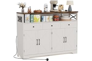 BonVache 51" Sideboards Cabinet with Power Outlets,Wooden Storage Sideboard with Adjustable Shelf,3 Drawers and Open Shelf,Buffet Cupboard for Living Room,Kitchen,Hallway, Dining Room,Woodgrain White
