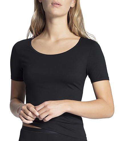 Calida Richesse Lace Top voor dames, van scheerwol en zijde, met kant bij de hals, fijn geribbeld rond gebreid zonder storende zijnaden, temperatuurregulerend, elderberry, 48-50
