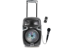 Lexibook Iparty - Altavoz Luminoso Bluetooth con Asa y Ruedas, Micrófono, Puertos USB, SD, TF, MMC y Aux-In, Entrada Instrumento, Mando a Distancia, Batería Recargable (Lexibook K8250), Gris