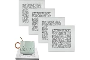 WakiHong 4 Pezzi Sottobicchieri a Specchio in Vetro Sottobicchieri in Cristallo Argento Sottobicchiere in Vetro Specchiato per Tavolo da Pranzo e Ristorante,Cucina,Argento,10 x 10 cm