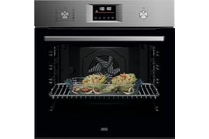 AEG Einbaubackofen, Serie 5 Ringheißluft: Gleichmäßige Garergebnisse auf 3 Ebenen, Pyrolyse Selbstreinigung, 45 Automatikprogramme, LED-Touchdisplay, Schnellaufheizung, Edelstahl, OU5PB40ZSM