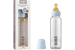 BIBS Baby Glass Bottle, Vermindert Koliken, Runder Sauger aus Naturkautschuklatex, Unterstützt das Stillen. Hergestellt in Dänemark, Complete Set - 225 ml, Baby Blue