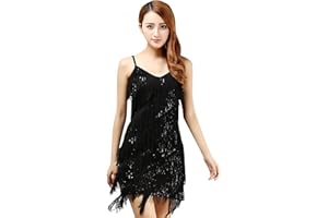 BellyQueen Women's 1920s Tassel Sequins Dance Costume Samba Rumba Tango Dance Dress Vintage Flapper Cocktail Dress Sexy V-Neck, OneSize Silver Black