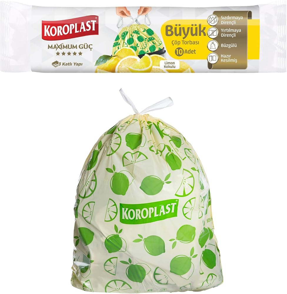 Koroplast Limon Kokulu Büyük Boy Büzgülü Çöp Poşeti 10'lu 65x67 cm, Kolay Bağlanır Kokulu Büzgülü Büyük Boy Çöp Torbası, Sızdırmaz Yırtılmaz, Geri Dönüştürülebilir Atık Torbası Ekstra Güçlü Çöp Poşeti