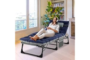 Obqer Folding Guest Bed, 440LBS Heavy Duty Camping Cot with Mattress, Headrest and Side Pockets, 5 Adjustable Backrest, Fold Up Camp Bed for Adults, Prefer for Home Office Garden Pool Sunbathing