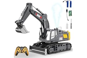 LioMaxi 1:12 Scala 15 Canali Grande Escavatore Telecomandato per Bambini,Escavatori Radiocomandato,con luci,Suono di funzionamento, Pala Metallica, demo a un tocco,Spruzzo simulato, 680° di Rotazione