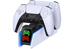 GAMSINGY PS5 Controller Ladestation mit EU-Netzteil, PS5 Ladestation für Dualsense Wireless/Edge Controller, Ladestation für PlayStation 5 Controller mit 2Std Schnelllade/Cooles RGB Licht