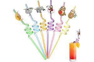 Ulife Mall 6 Pezzi Cannucce Bradipo per Bambini, Cannucce di Plastica Rigida Riutilizzabili Cannucce Riccia da Cocktail Forniture per Feste di Compleanno Decorazioni da Tavola per Feste