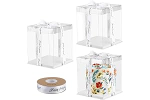 ZEFAN 3 stycken tårtlådor med botten och band, 21 cm x 21 cm x 25 cm presentask transparent, 15 cm dubbel med lock, tårtlåda