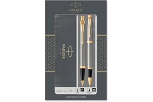 PARKER IM Duo set regalo con penna a sfera e penna roller, metallo satinato con finiture in oro, cartuccia e ricarica di inchiostro nero, confezione regalo
