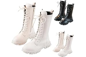 LANUNLLY Botas Niña Negras Punk Góticas bota de Combate para Montar Media Pantorrilla botines con Cordones y Cremallera Lateral Moda Suela Gruesa Zapatos Impermeables Antideslizantes Cómodas Otoño Invierno