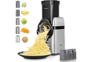 FOHERE Râpe a Légumes Électrique, 5 en 1 Elektrische Reibe, 80W trancheuse à légumes avec plusieurs lames interchangeables et boîte de rangement, râpe pour fruits et légumes-pommes de terre entières