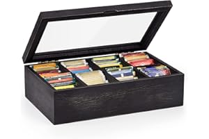 Alsonerbay Tea Box Organiser, Wooden Kitchen Tea Bag Storage Box for Organizing Spice Pouches and Sugar Packets with 8 Compartments and Clear Glass Cover Weathered Black