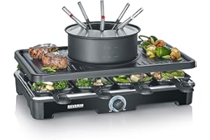 SEVERIN Appareil à Fondue et Raclette pour 8 personnes, Appareil à raclette 2 en 1 avec Plaque de cuisson et Service à fondue, Inclus 8 poêlons, spatules et fourchettes à fondue, Noir, RG 2347